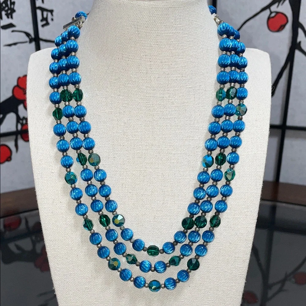 Blue & Green Triple Strand Beaded Necklace